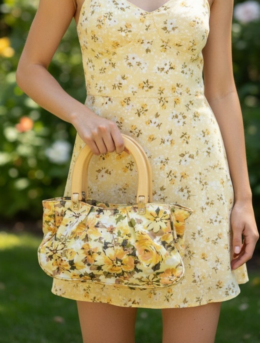 🌼Old Navy Cotton Yellow Floral 🌼Handbag with wooden handles.
